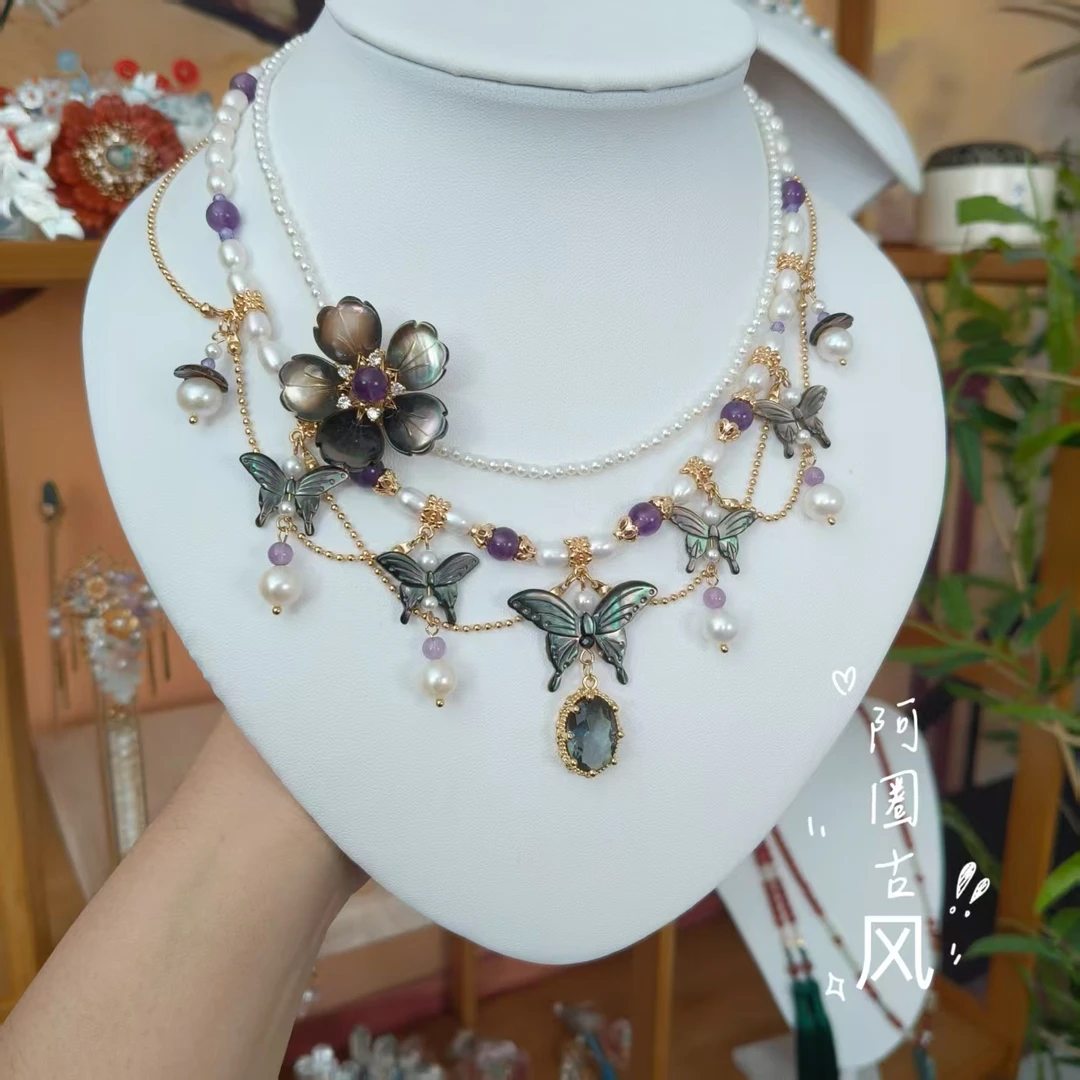 阿圈国风手工气质轻奢璎珞古风彩色中古素款百搭复古紫色星辰珠珠