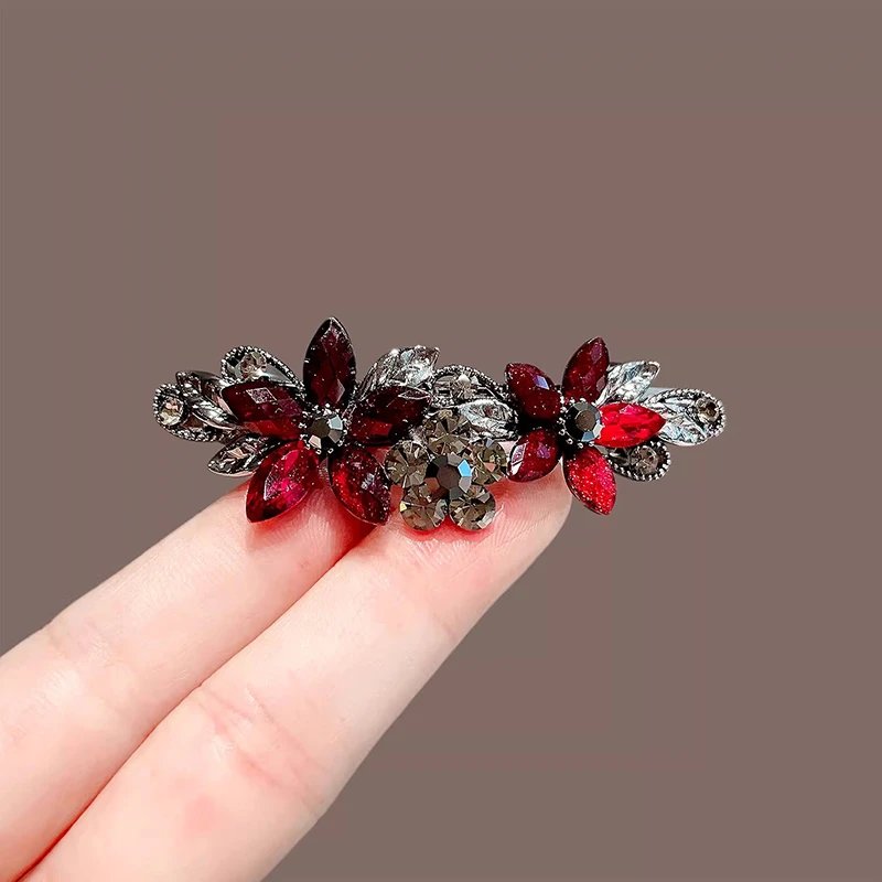 高级感后脑勺弹簧夹顶夹高档轻奢红色琉璃石花朵发夹女侧边刘海夹