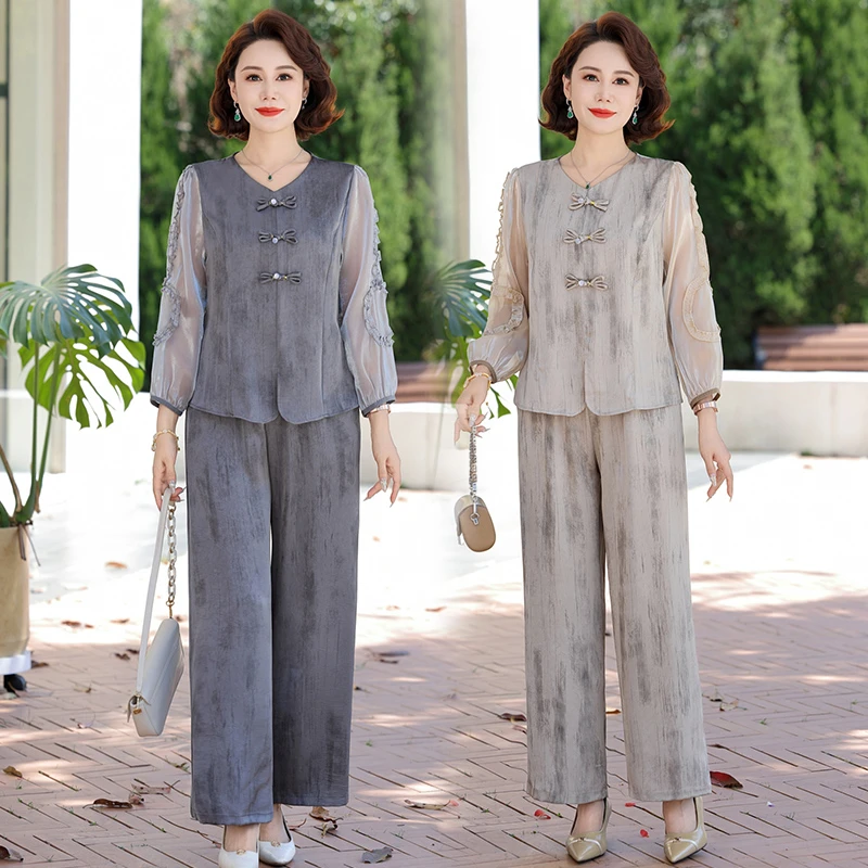 母亲节妈妈夏装套装新款洋气上衣中老年女夏季时尚减龄小衫两件套