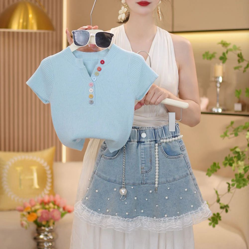 【闺蜜家】女童2025夏季新款彩色扣子冰感T恤+珍珠牛仔裙套装-8400