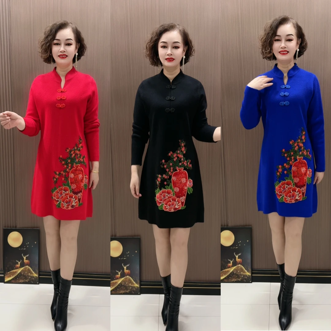 yA新款时尚中长款花瓶气质显瘦秋冬长袖针织复古中国风连衣裙洋气