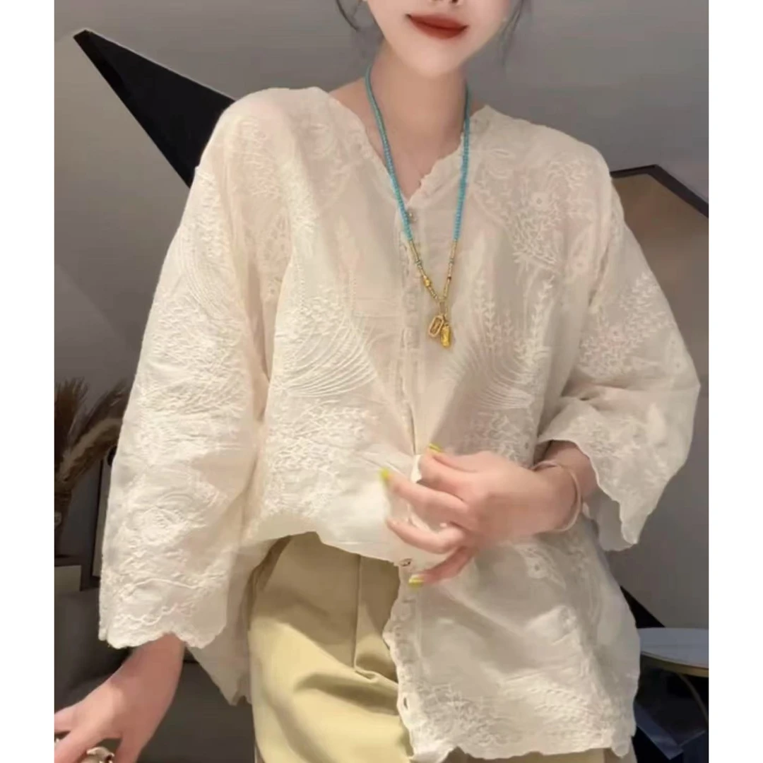 欧货夏季新款棉刺绣镂空宽松显瘦百搭衬衫上衣潮5606运补5-8