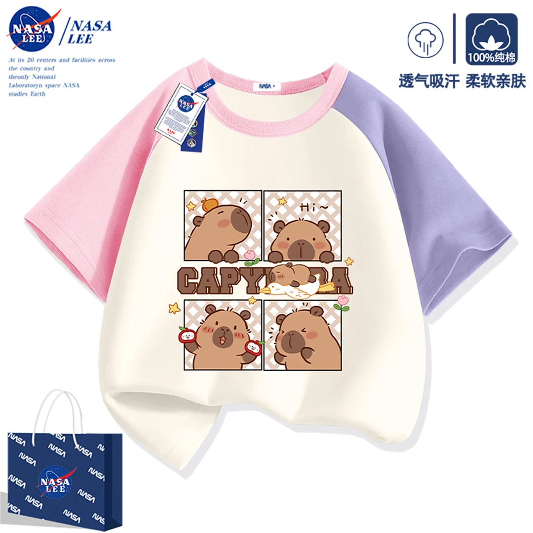 NASA卡皮巴拉女童短袖t恤纯棉2025夏季新款儿童多巴胺半袖新疆棉