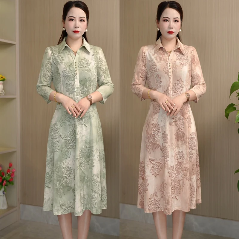 母亲节妈妈连衣裙夏季新款高档洋气七分袖裙子妈妈遮肚子显瘦长裙