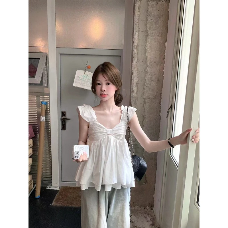 夏季新款甜美蝴蝶结抹胸一字肩背心衬衫上衣女露肩纯欲小个子