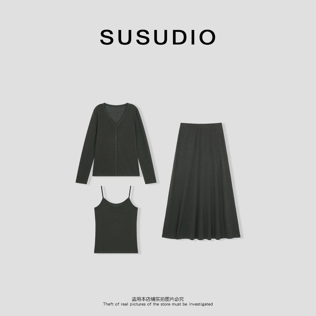 SUSUDIO 纸片人 春夏慵懒风开衫+吊带背心+松紧腰半身裙套装30031