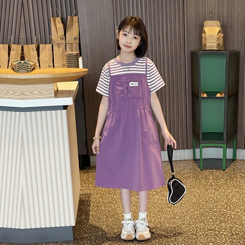 女童6-12岁长裙2025新款儿童背带拼接条纹假两件女孩时髦裙子潮