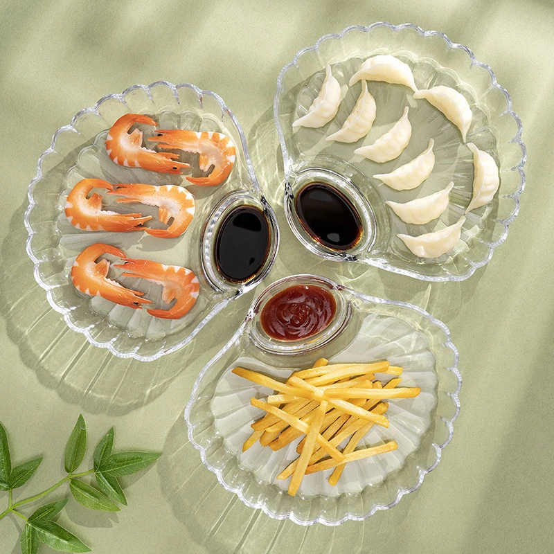 水饺盘多功能盘子家用扇形贝壳饺子盘带醋碟水果盘点心蘸料盘
