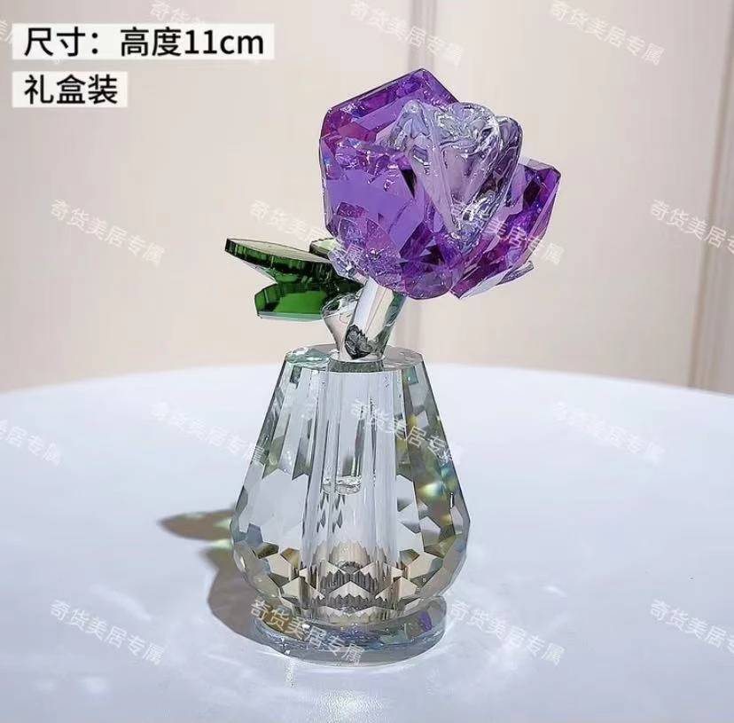 新款高透紫色水晶玫瑰花摆件（高11cm）