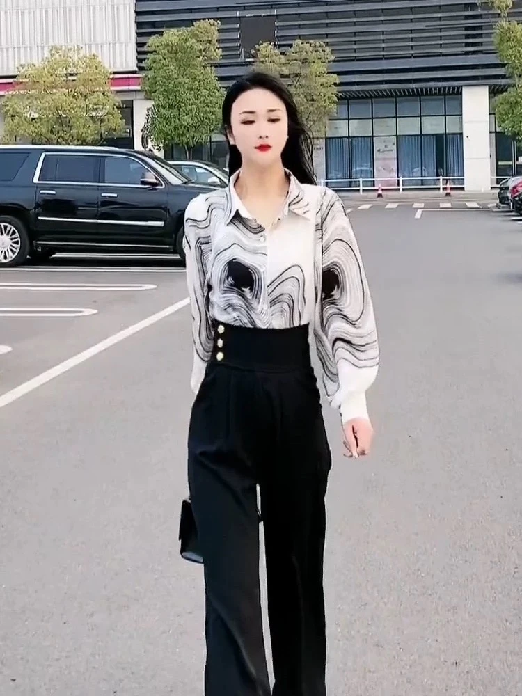 雪纺水墨印花宽松单排扣法式长袖衬衫女百搭复古显瘦上衣