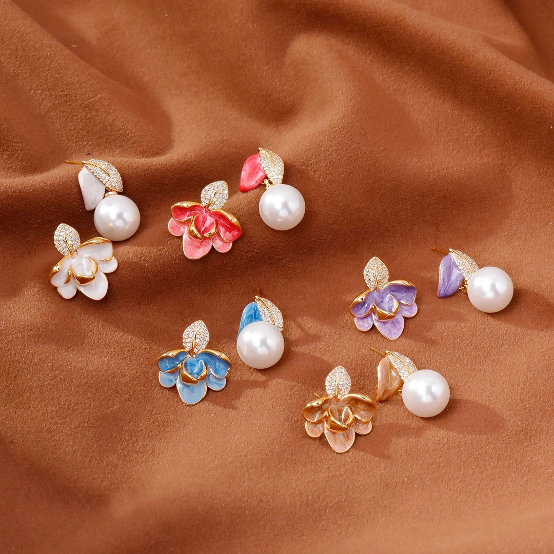 铜合金耳饰 鼎溢2025不对称滴釉珐琅耳环轻奢气质高级感树叶zx