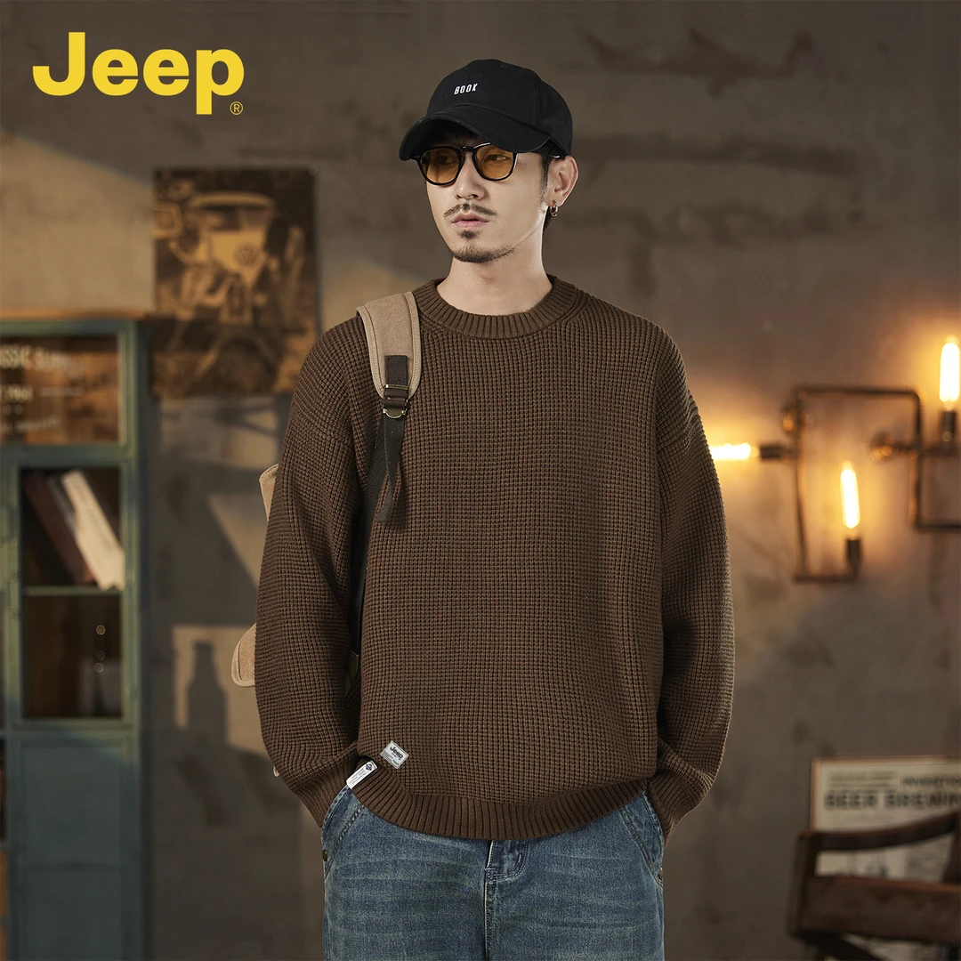 JEEP吉普慵懒风毛衣男2025秋冬宽松纯色圆领套头内搭针织衫外套男