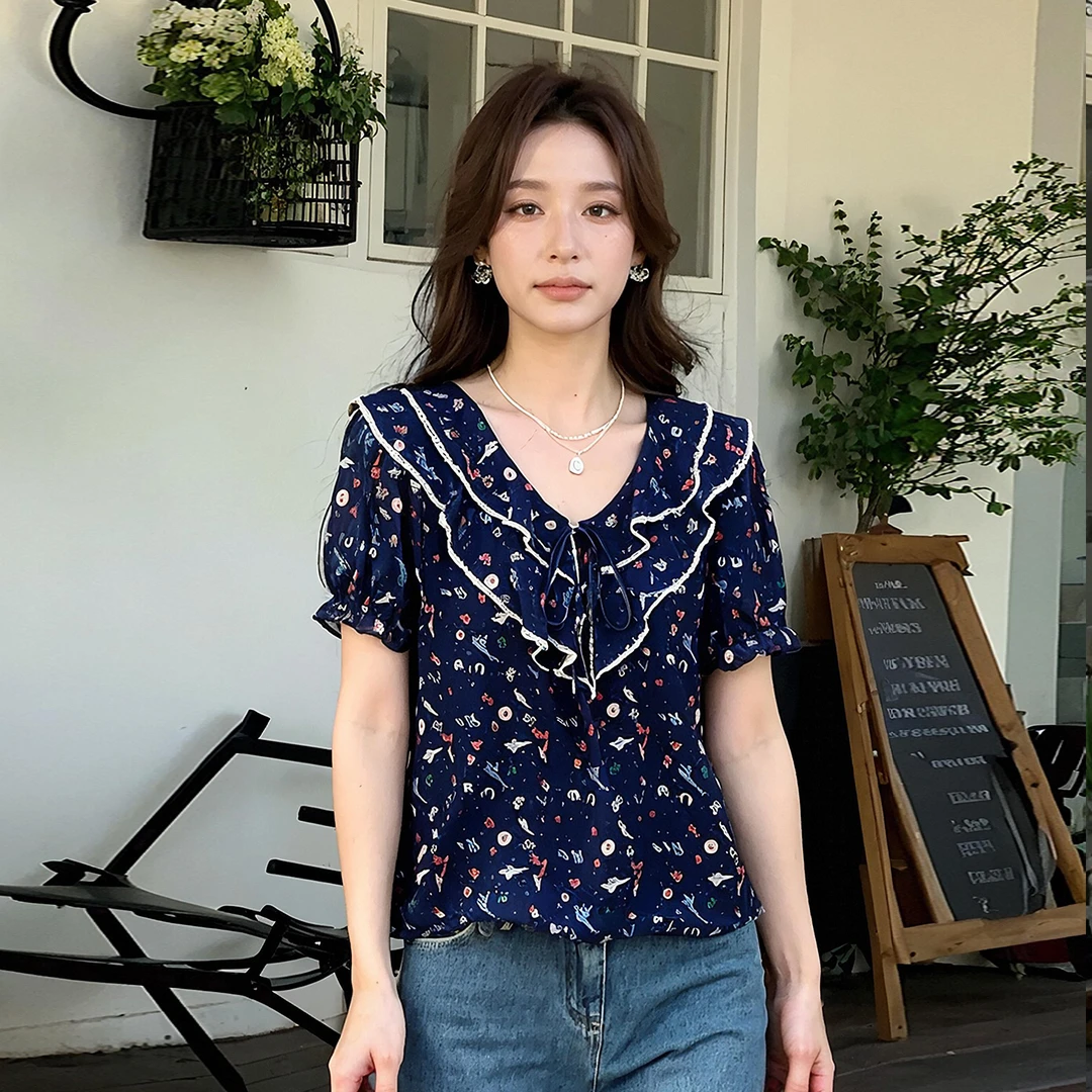 奢姿大码女装2025夏季减龄荷叶边设计V领衬衫胖妹妹时尚碎花上衣