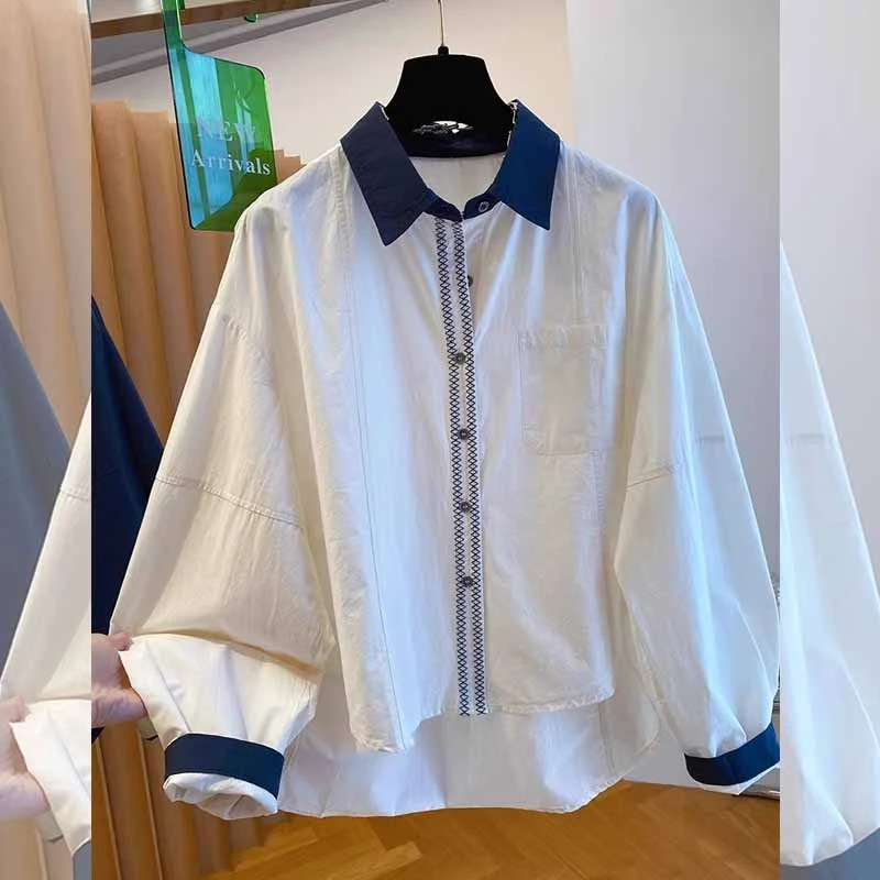 韩版休闲撞色春秋季新品减龄大码衬衫女长袖翻领个性百搭宽松衬衣