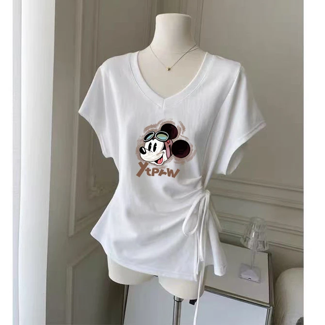 短袖t恤女装夏季气质小众不撞款绑带收腰上衣韩系辣妹字母印花V领