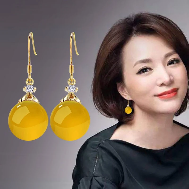 S925纯银耳环 防过敏耳坠长度35毫米玛瑙12毫米百搭高档气质新款