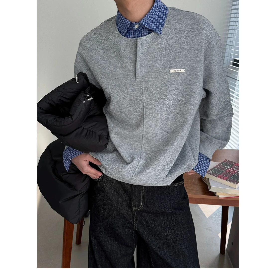 秋季新款百搭学院风拼接假两件卫衣男polo衬衫翻领格子长袖T恤