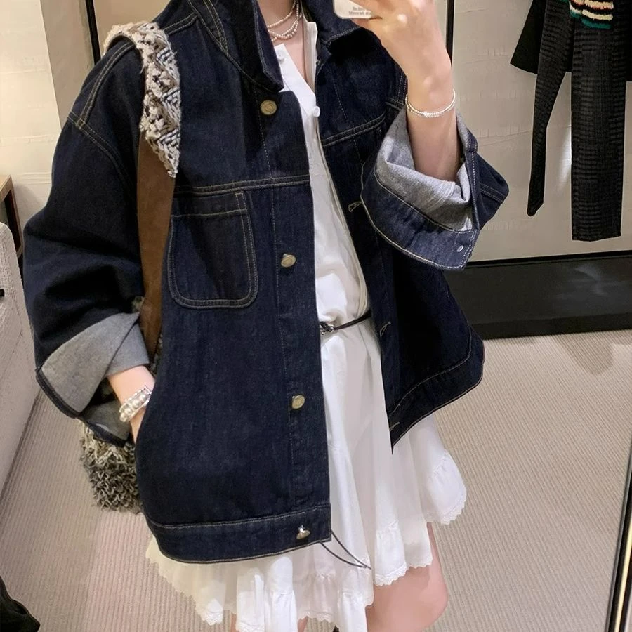 2025春秋新款牛仔外套女翻领长袖宽松原色设计感百搭休闲上衣女春