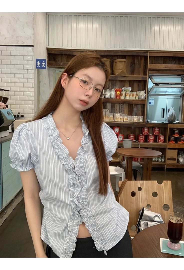 法式荷叶边V领短袖衬衫女夏纯欲气质小个子修身显瘦短款上衣