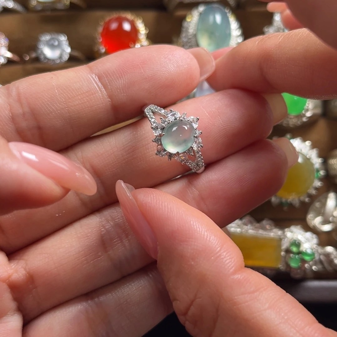 翡翠戒指银S925镶嵌缅甸翡翠天然翡翠