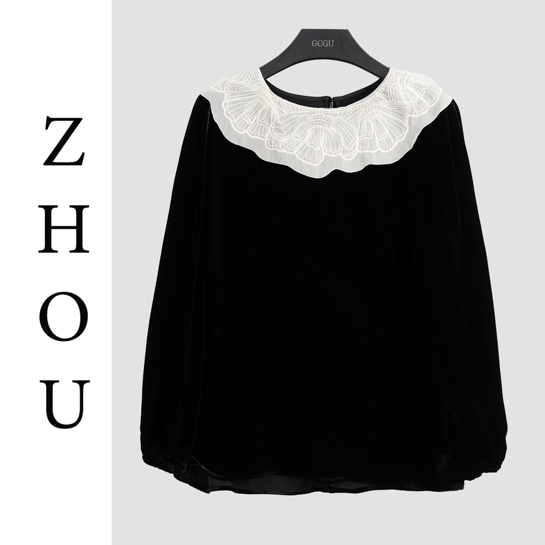 黑色高端丝绒娃娃领上衣-20358