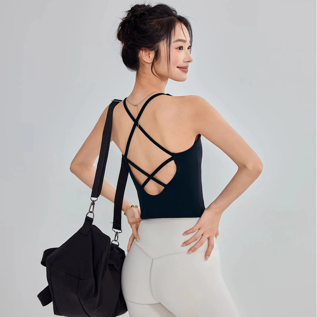 云端贝壳带胸垫运动背心女美背防震瑜伽内衣普拉提外穿健身上衣夏