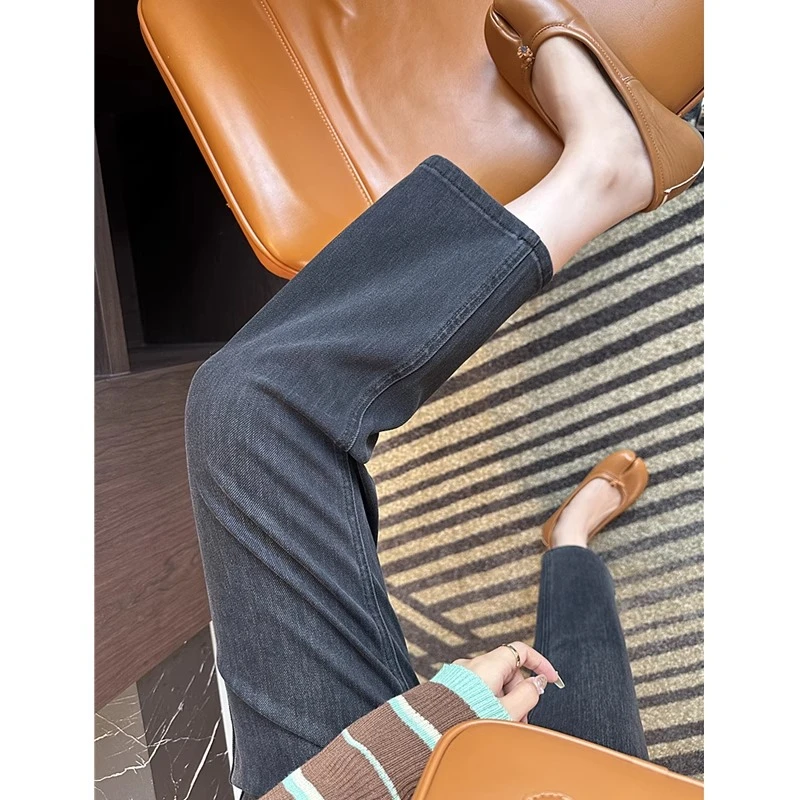 黑灰色高腰显瘦直筒牛仔裤女秋冬加绒四面弹别致刺绣九分烟管裤子