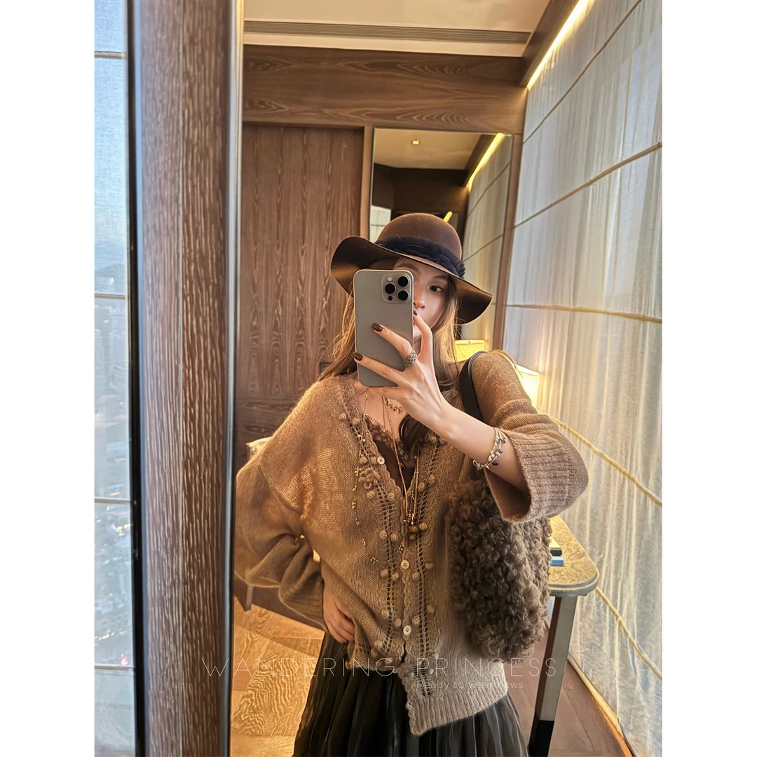 钱美西 慵懒女秋冬全手工钩花13支羊驼毛重工镂空针织衫羊毛开衫