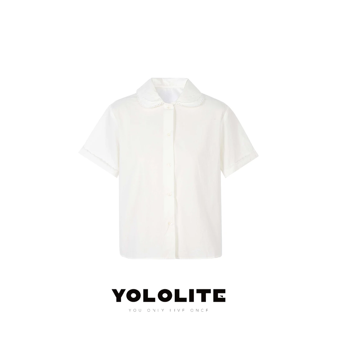 YOLOLITE【白花】2984夏季新款花边娃娃领袖口卷边上衣衬衫