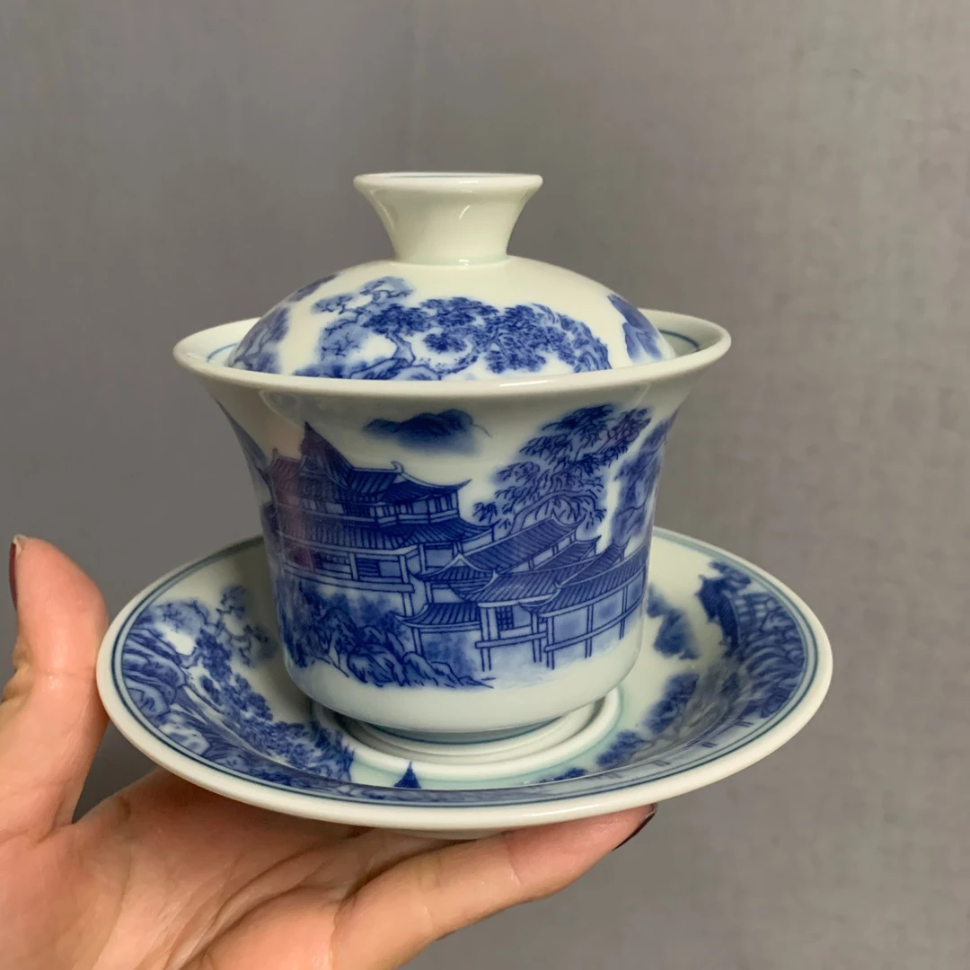 青花陶瓷山居士三才盖碗茶具陶瓷办公家用盖碗功夫茶具泡茶茶器