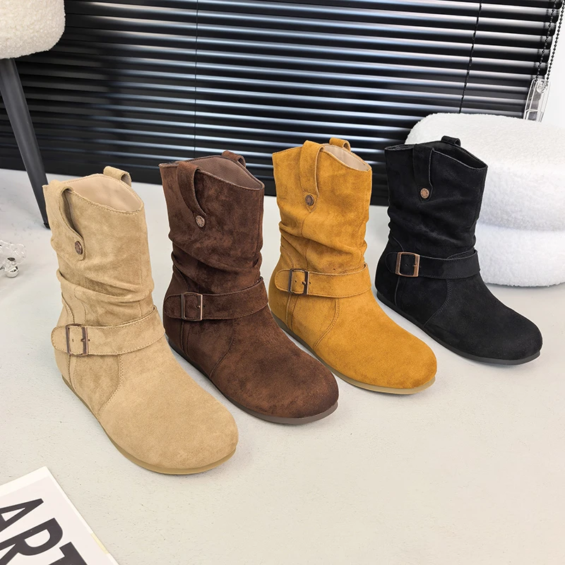 西部气质短靴女2025年秋季新款小个子内增高堆堆靴短筒百搭骑士靴