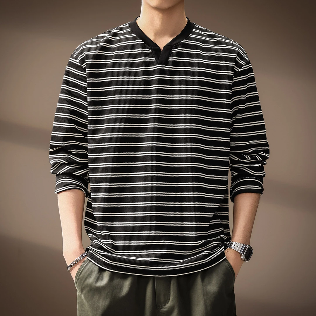 MR.MUDI/穆迪先生高端日系V领长袖T恤男士秋季新款宽松条纹打底衫