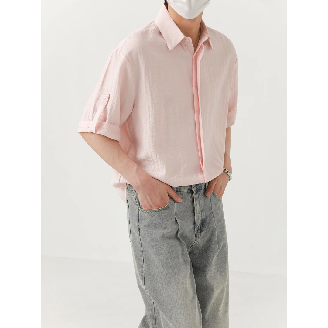 卓卓夏季韩系高级感免烫短袖衬衫 男5五分袖上衣纯色宽松休闲衬衣