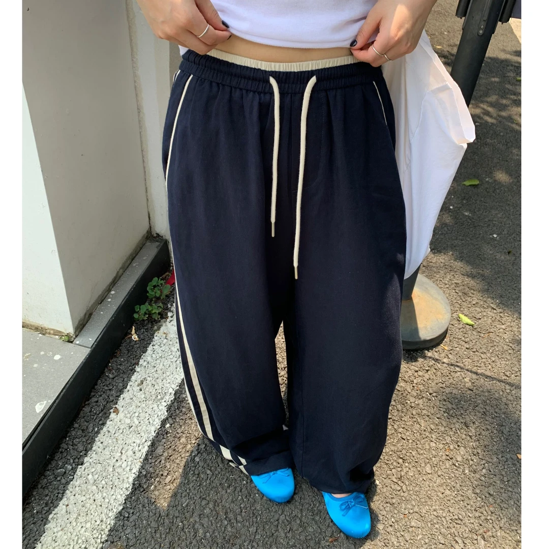 【清】2025夏季拼接腰头松紧腰亚麻天丝休闲裤女宽松阔腿直筒裤6176