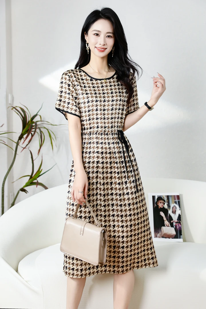 【小老弟】千鸟格 夏季气质高定气质收腰连衣裙时尚优雅修身裙