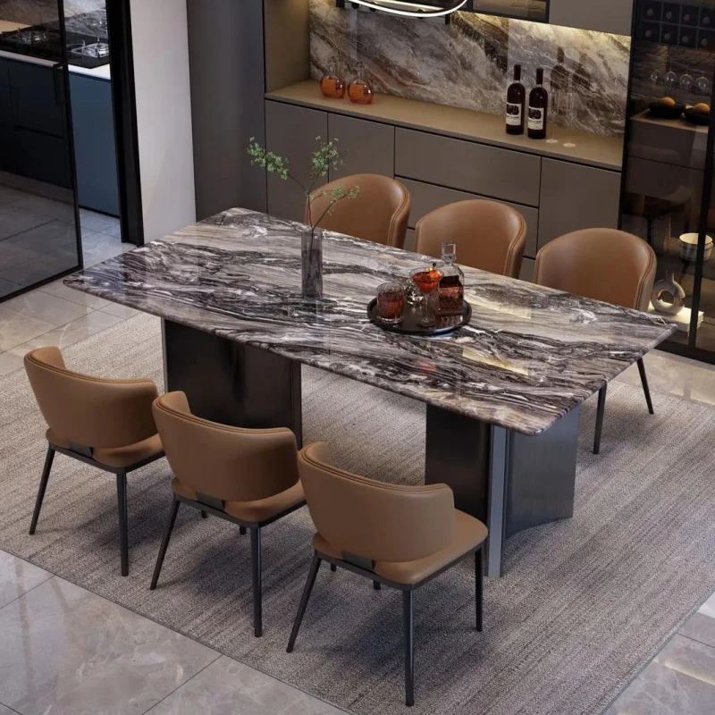进口威尼斯棕长方形奢石餐桌意式轻奢高级天然大理石现代岩板餐桌