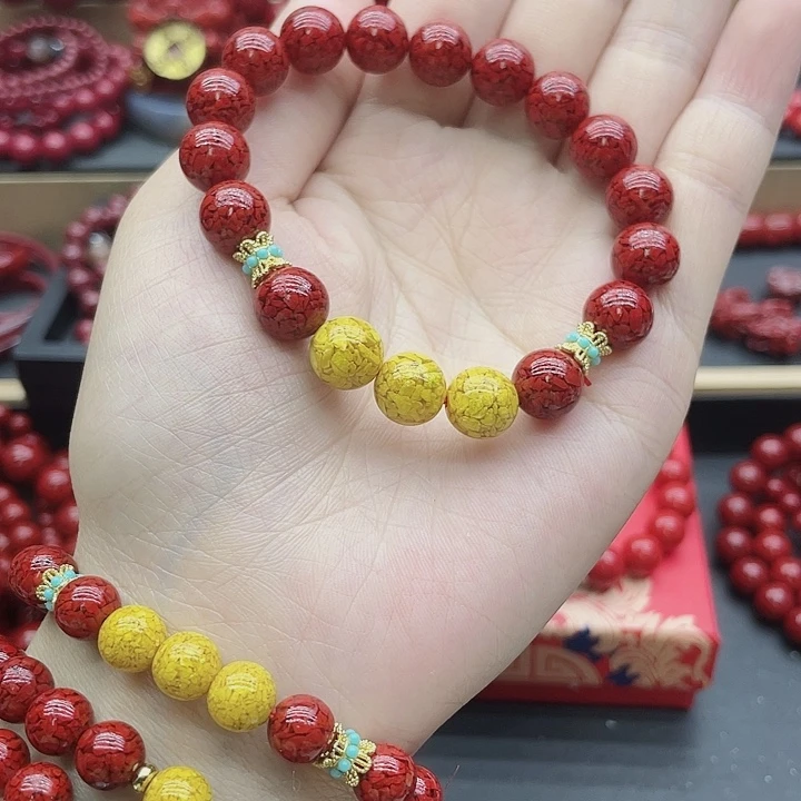 天然辰砂8mm晶体砂三颗雄黄珠子