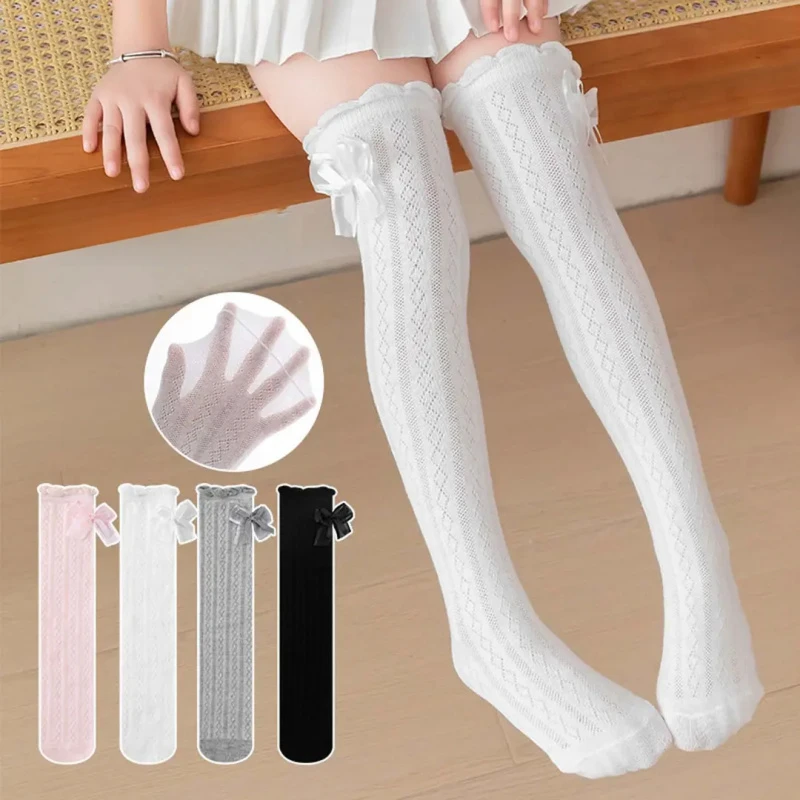 新款长筒袜女童夏季网眼薄款透气过膝蝴蝶结花边公主洛丽塔高筒袜