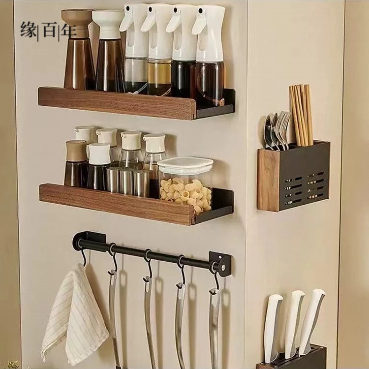 胡桃木厨房调味料置物架免打孔厕所洗漱台洗手间墙上收纳毛巾架子