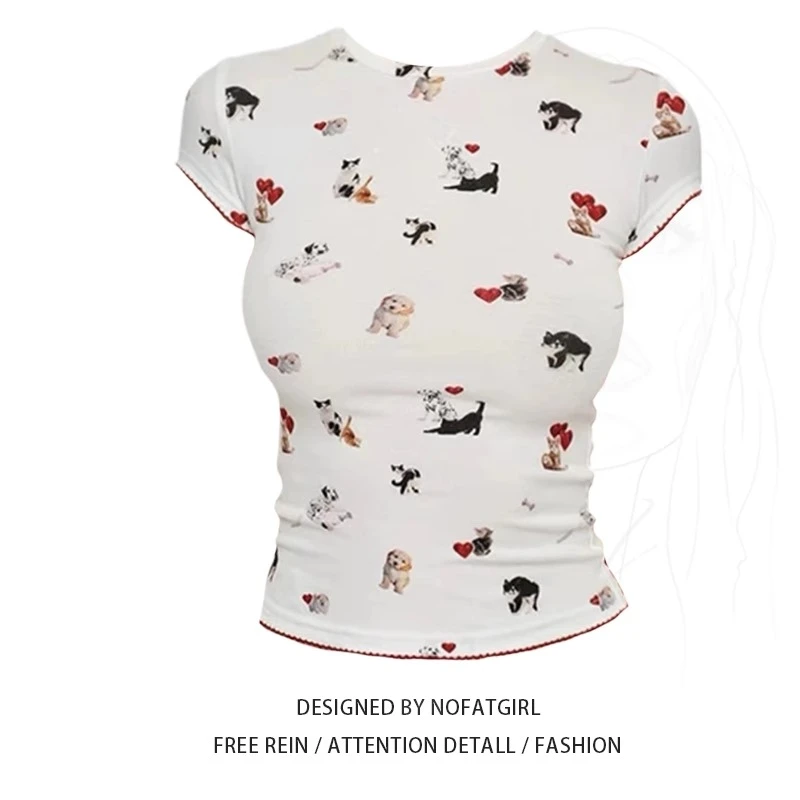 大码胖妹妹美式复古猫狗印花短袖T恤紧身弹力童趣tee显瘦上衣女夏