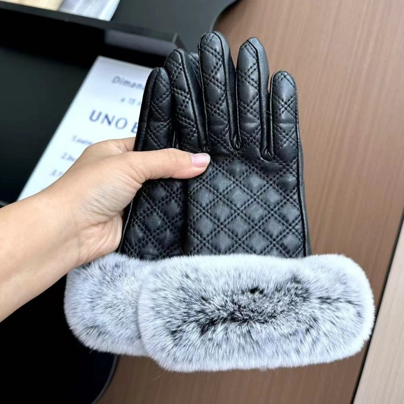 可爱真羊皮手套女士冬保暖真獭兔毛水貂毛加绒加厚触屏骑车手闷子