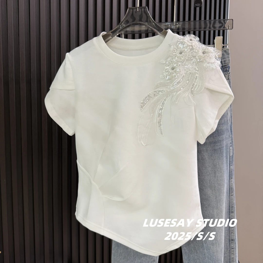 LUSESAY 重工刺绣花花亮片 夏季2025新款短袖t恤女百搭不规则上衣