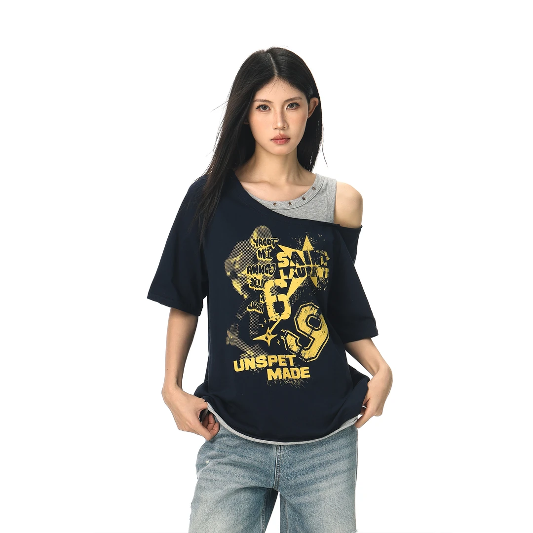 CTB啤酒队长 美式印花斜肩短袖T恤女夏假两件露肩设计感小众上衣