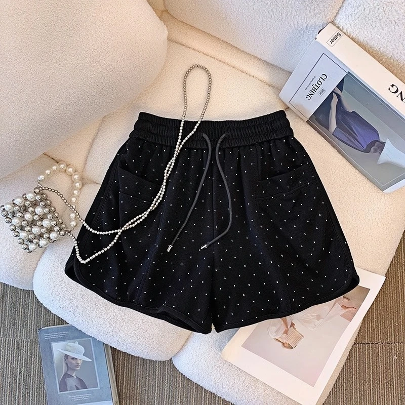 重工烫钻阔腿短裤女夏季2025新款爆款宽松百搭高腰a字外穿休闲裤