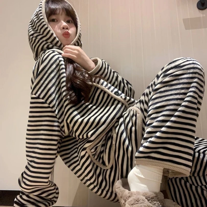 【云感条纹H】法兰绒韩版睡衣女秋冬季新款加绒家居服套装8811