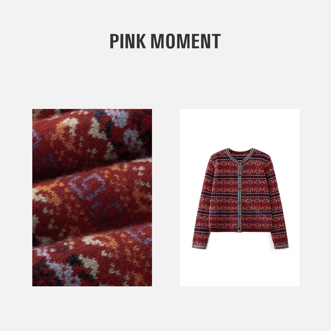 PM王囡囡 红色圆领羊毛费尔岛条纹针织上衣 ND1D2147