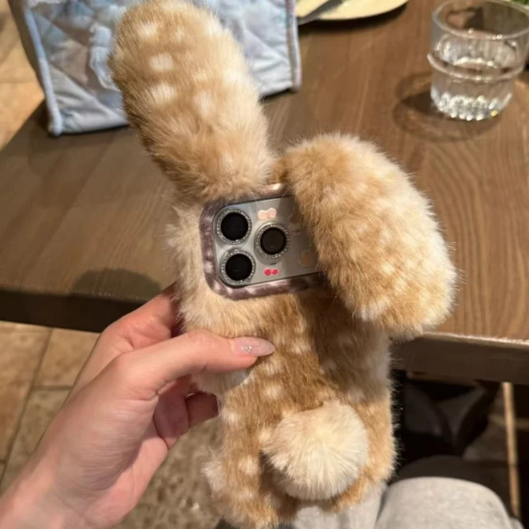 可爱小鹿毛绒兔耳朵适用iPhone17promax手机壳苹果16pro少女15/14