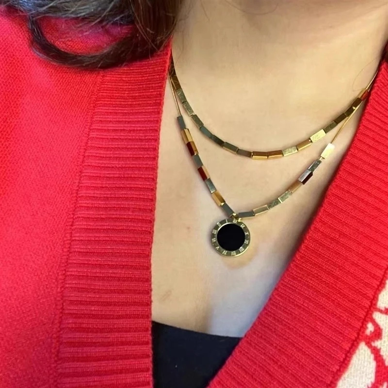 钛钢项链 双面叠戴项链轻奢经典罗马数字锁骨链