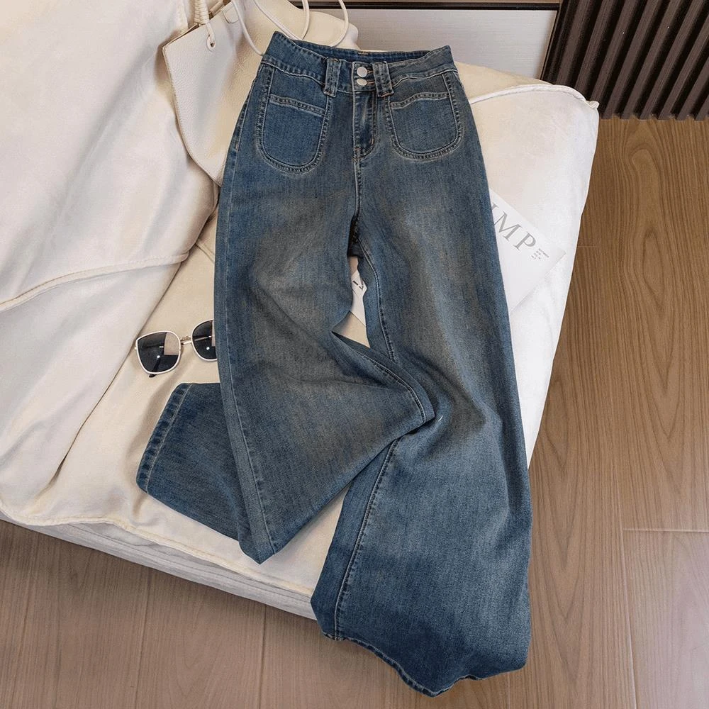 大码梨形身材高腰直筒牛仔裤女2025年春秋新款胖mm宽松微喇阔腿裤
