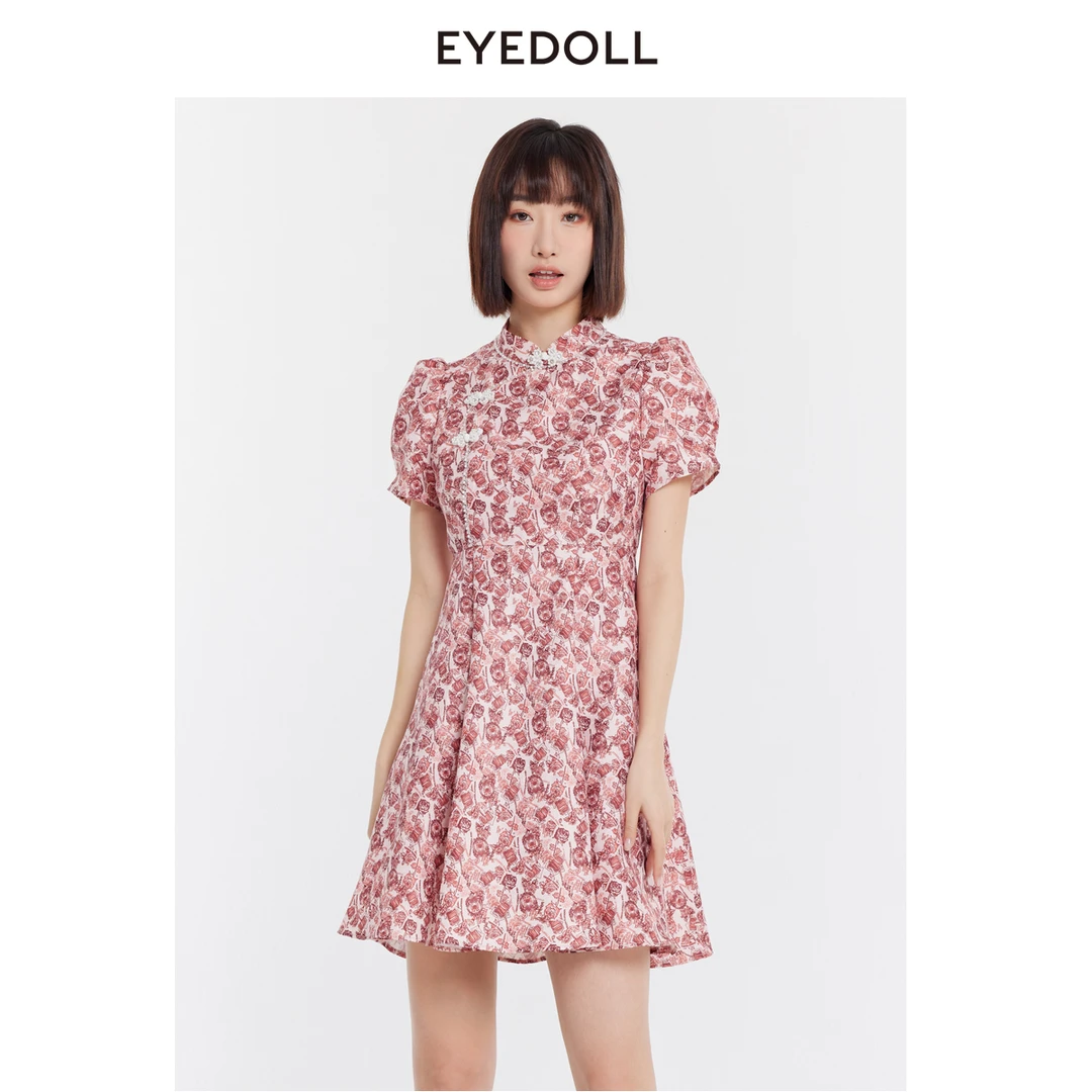 EYEDOLL夏季新款新优雅新中式盘扣立领短款连衣裙